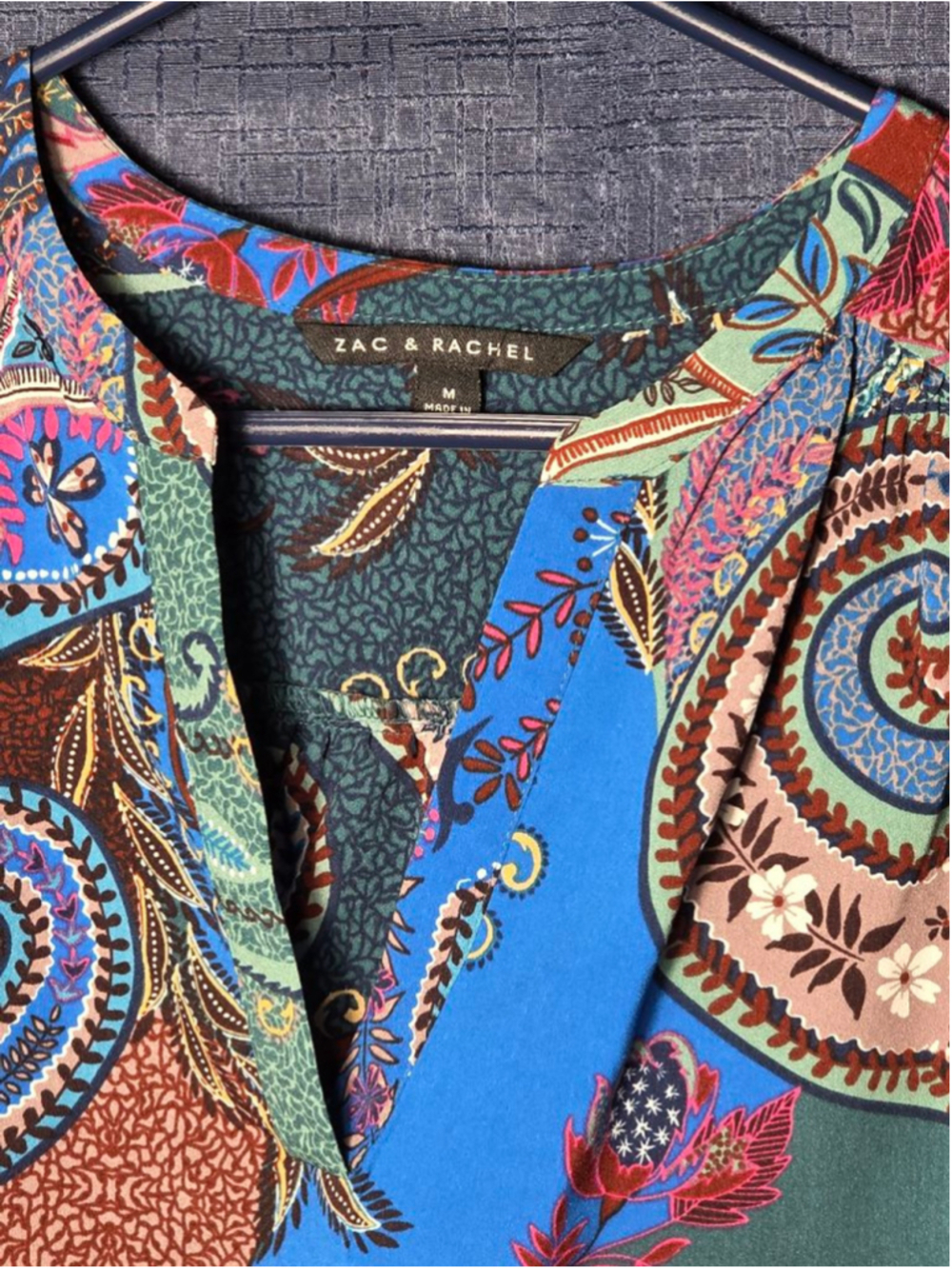 Women's ZAC & RACHEL Blouse M Green Blue Paisley Long Sleeve Bohemian y2k 90's - Picture 3 of 5